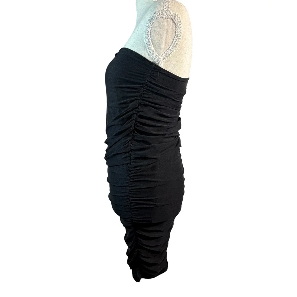 Day & Night Strapless Dress‎ Womens Small Black Ruched Bodycon Mini Mesh
